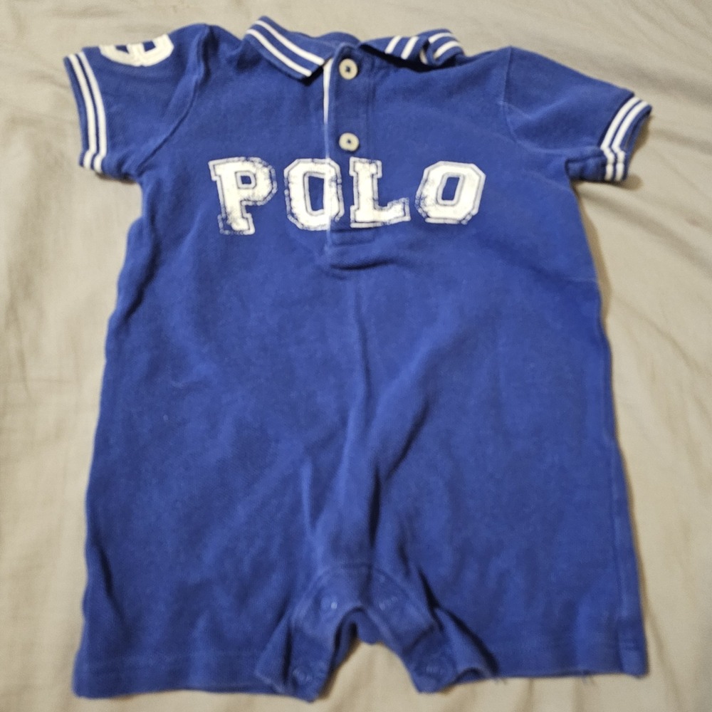 Ralph Lauren Romper Baby Boys 6M Months Blue White Spellout One Piece